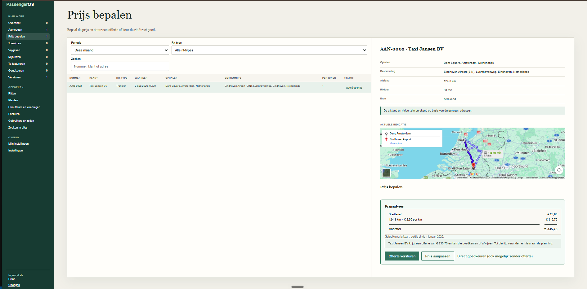 PassengerOS pricing screen: request, route map and price proposal in one view